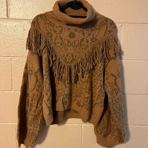 Brown Fringe Turtleneck Sweater
